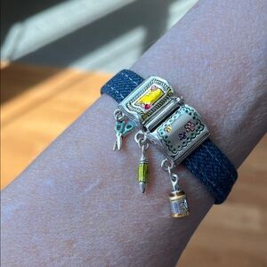 Denim Fabric and Silver Tone Bracelet with Scrapbooking Charms